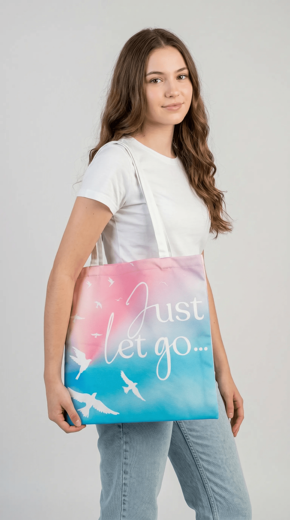 TOTE BAG Peaceful Doves “Just Let Go…” – Lined Durable Canvas | Soft Pink–Purple Sky Design (2 Sizes) - Love Life Journey