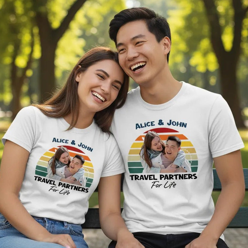 UNISEX T - SHIRT (US) Personalized “Travel Partners for Life” – Custom Photo & Names - Love Life Journey