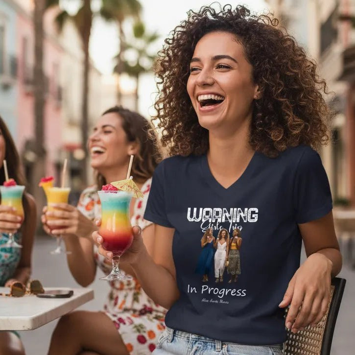 UNISEX V - NECK T - SHIRT (US) Personalized “Warning: Girls Trip in Progress” – Custom Group Photo - Love Life Journey