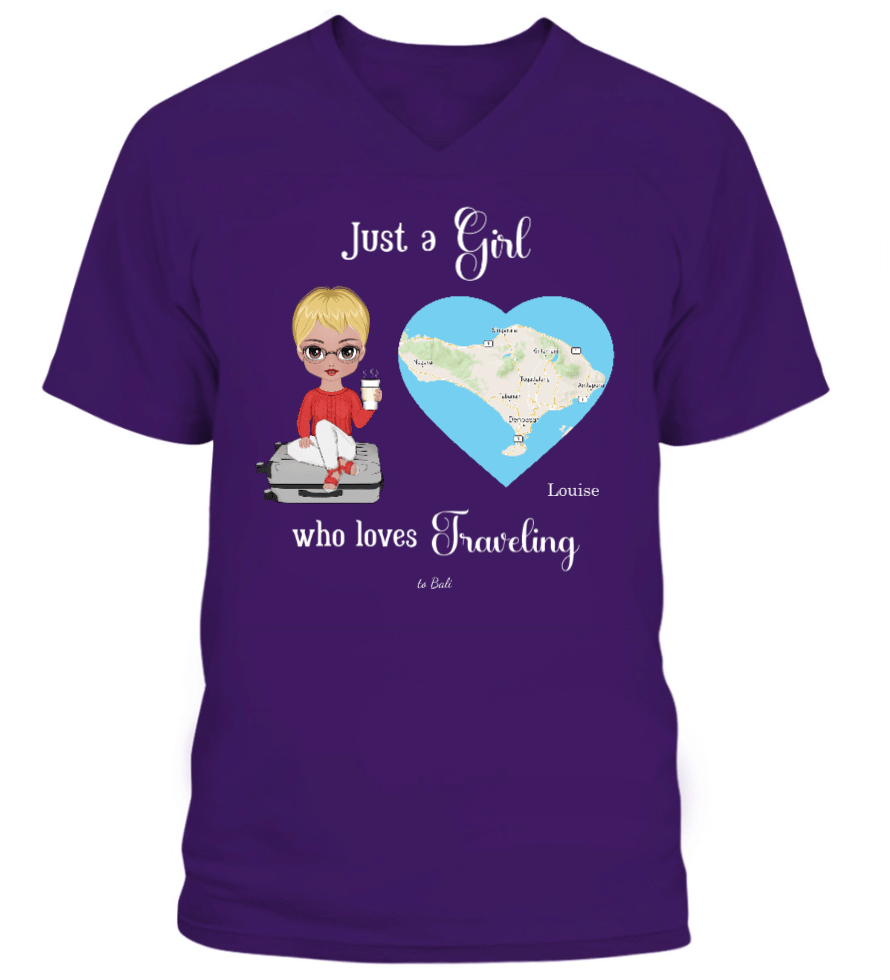 V-NECK T-SHIRT Personalized “Just a Girl Who Loves Traveling” - Love Life Journey