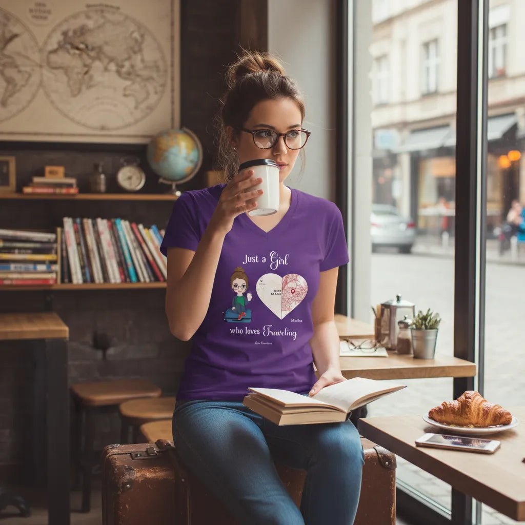 V - NECK T - SHIRT (US) Personalized “Just a Girl Who Loves Traveling” – Custom Name, Cartoon Art & Map Location - Love Life Journey