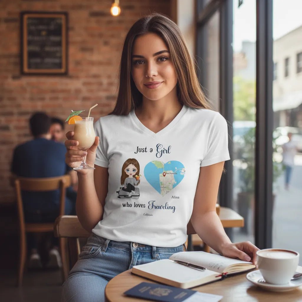 V - NECK T - SHIRT (US) Personalized “Just a Girl Who Loves Traveling” – Custom Name, Cartoon Art & Map Location - Love Life Journey