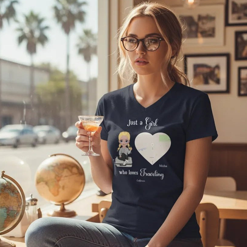 V - NECK T - SHIRT (US) Personalized “Just a Girl Who Loves Traveling” – Custom Name, Cartoon Art & Map Location - Love Life Journey