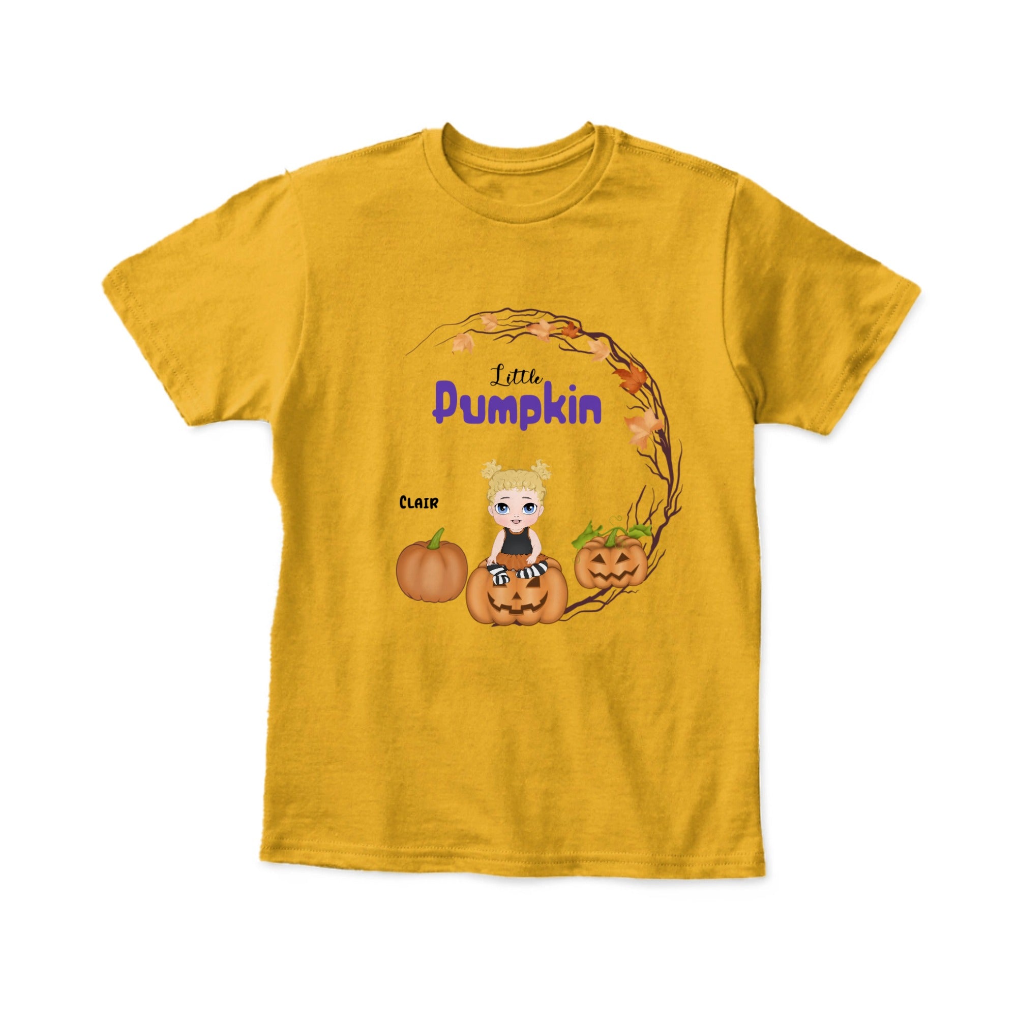 Custom Halloween youth shirt featuring personalized child character and spooky autumn artwork - Yellow t-shirt 