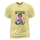 Personalized Cats Are A Girl's Best Friend T-shirt with custom woman character and up to 5 cats Yellow t-shirt with cartoon design of a girl and cats, text 'Cats are a girl's best friend', on a white background.
