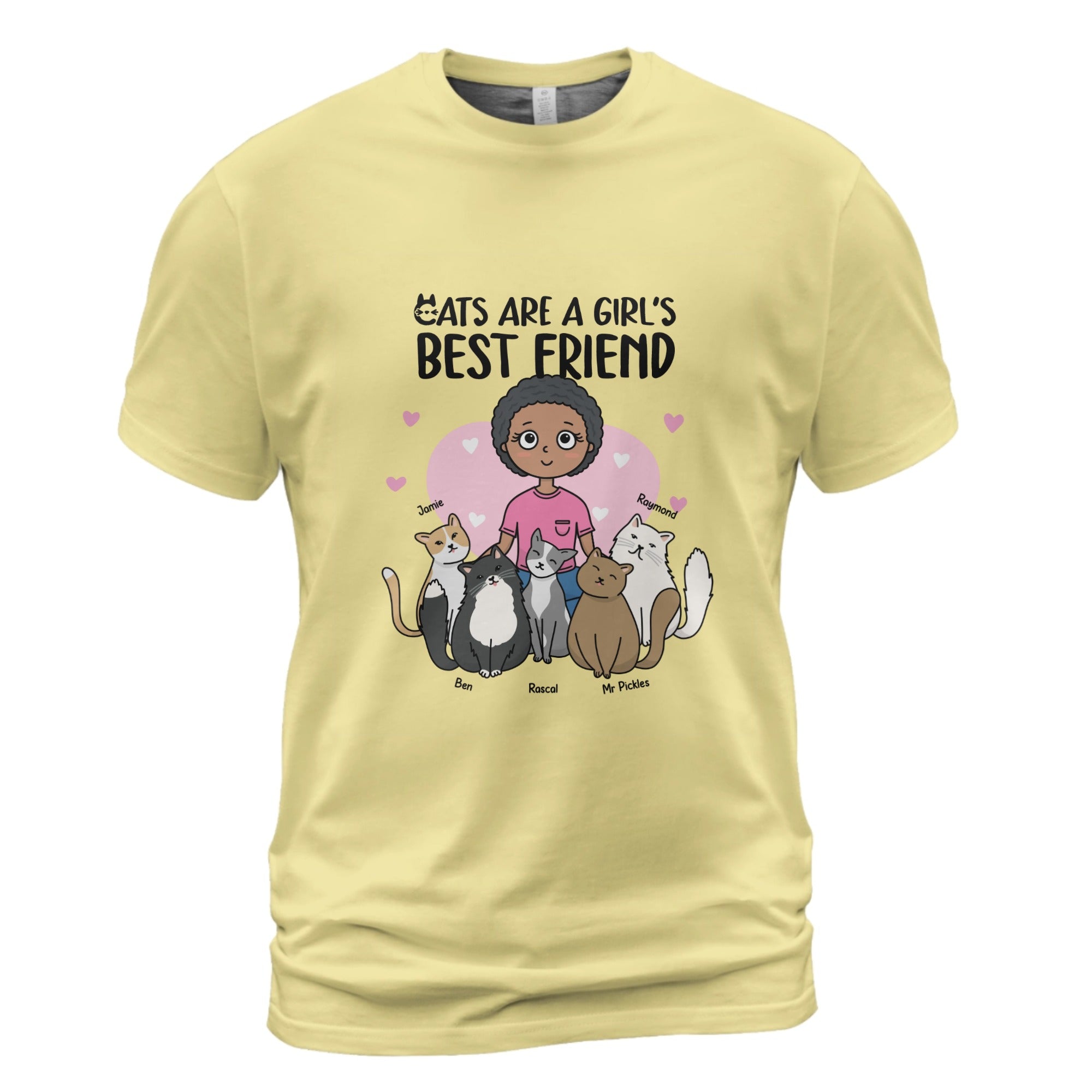 Personalized Cats Are A Girl's Best Friend T-shirt with custom woman character and up to 5 cats Yellow t-shirt with cartoon design of a girl and cats, text 'Cats are a girl's best friend', on a white background.