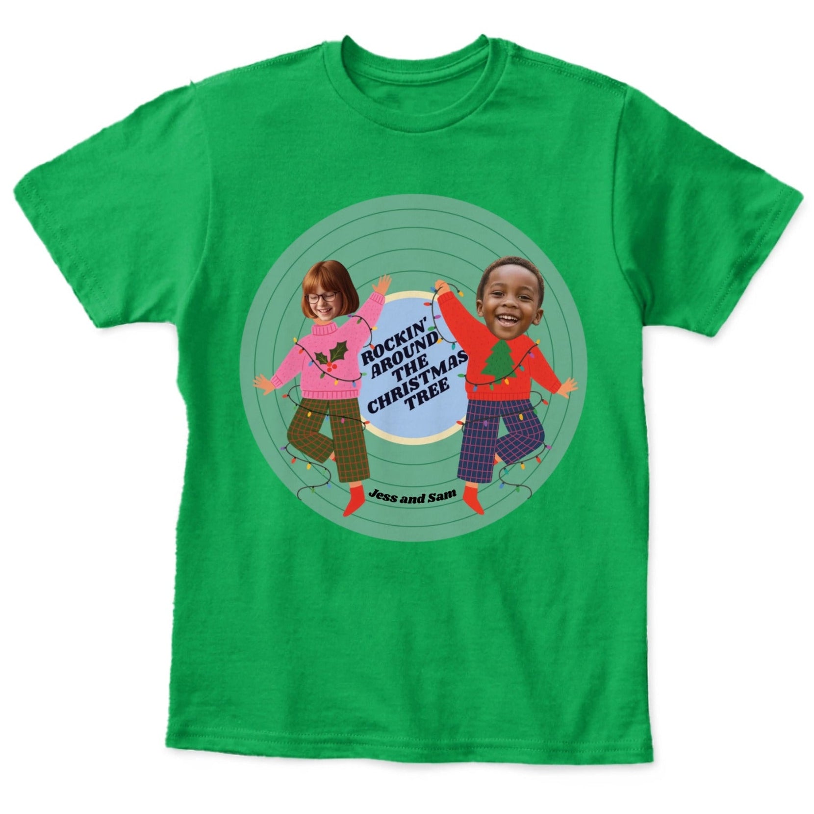 Personalized Rocking Around The Christmas Tree kids T-shirt with two custom photo faces and names Green t-shirt on a white background
