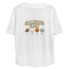 White custom embroidered baseball shirt with 'Grandpa's Crew' design featuring sports balls on a white background = love life journey