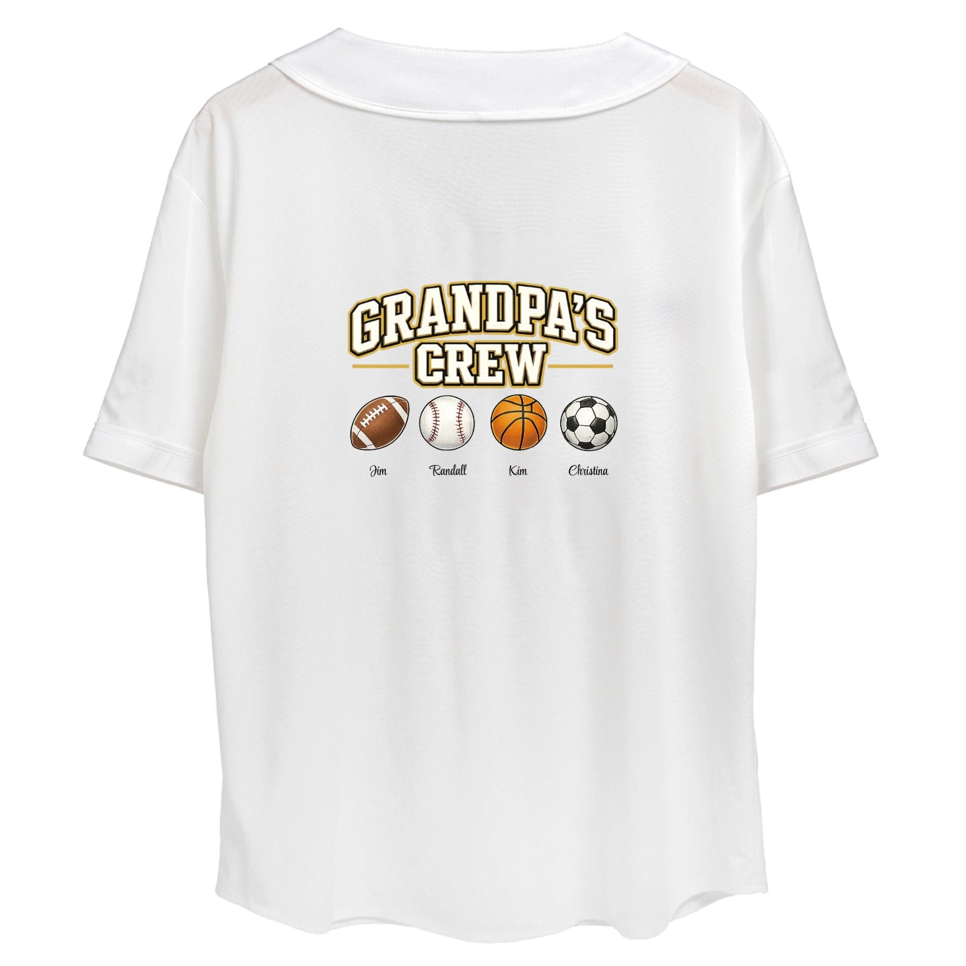White custom embroidered baseball shirt with 'Grandpa's Crew' design featuring sports balls on a white background = love life journey