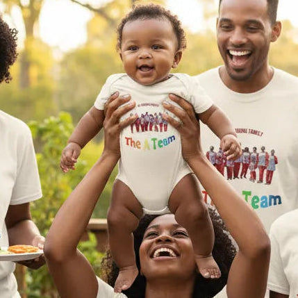 Personalized baby bodysuit featuring uploaded family photo with custom family or team name, Baby in a family group.