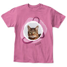Personalized photo kids T-shirt featuring uploaded picture, custom name, and optional frame color Pink t-shirt with a cat graphic and 'Tigger' text on a white background