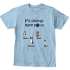 Personalized My Siblings Have Paws kids T-shirt featuring custom dog characters and dog names
