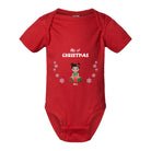 Custom baby's first Christmas outfit with personalized name and Christmas-themed artwork - Red Baby Onsie on white background 