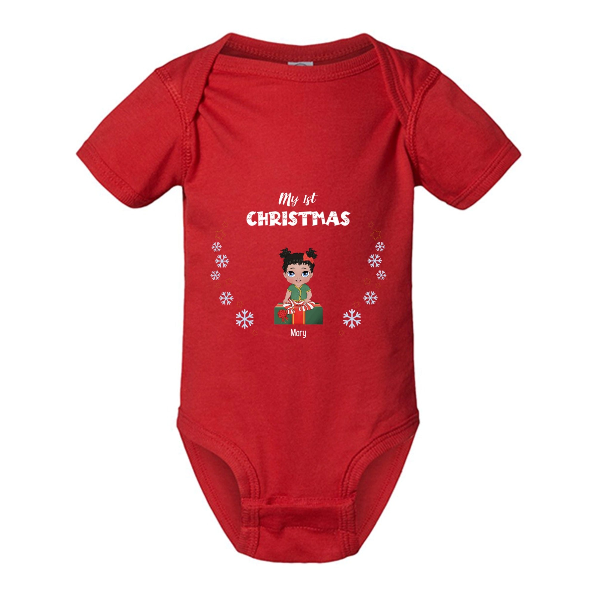 Custom baby's first Christmas outfit with personalized name and Christmas-themed artwork - Red Baby Onsie on white background 