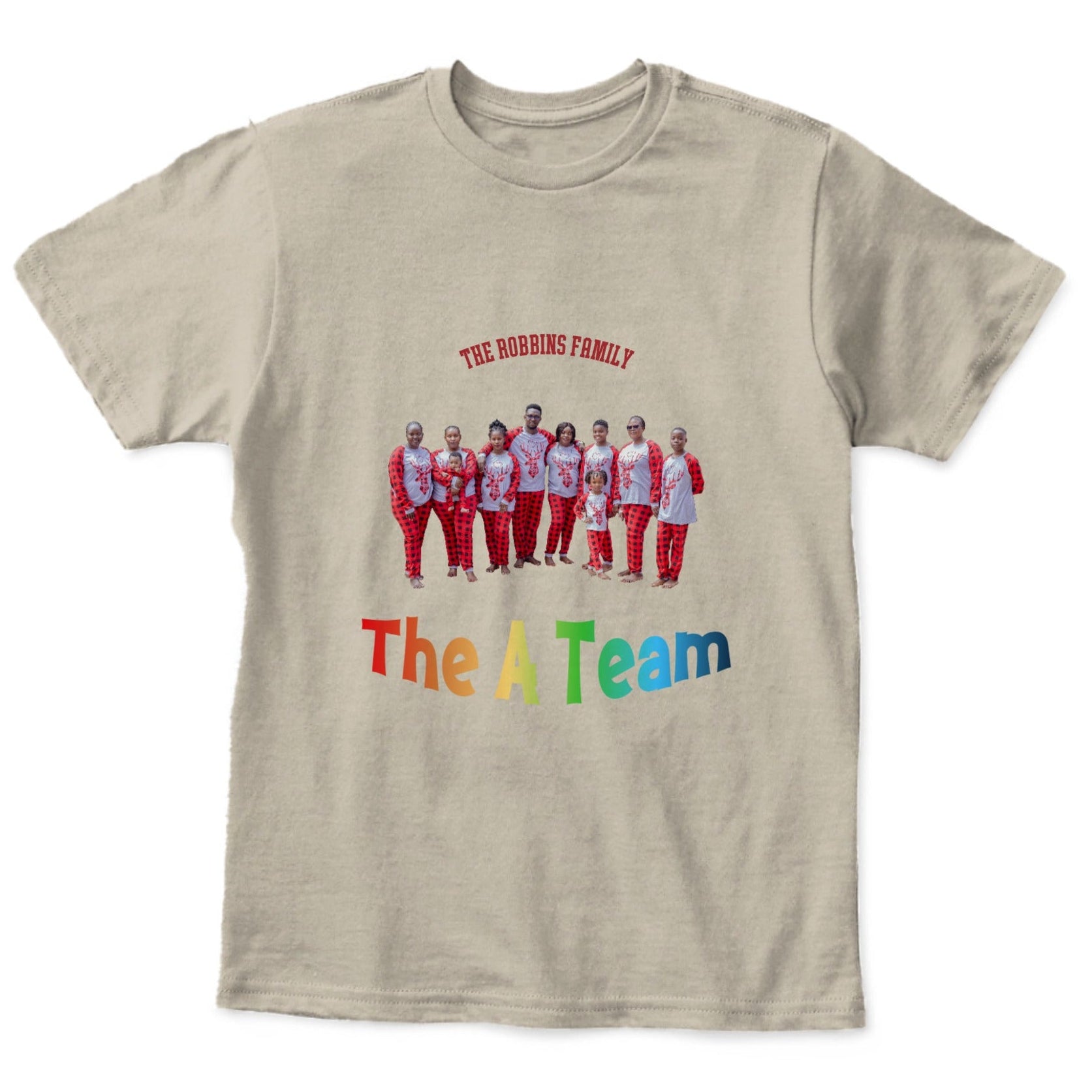 Personalized kids T-shirt featuring uploaded family photo with custom team or family name