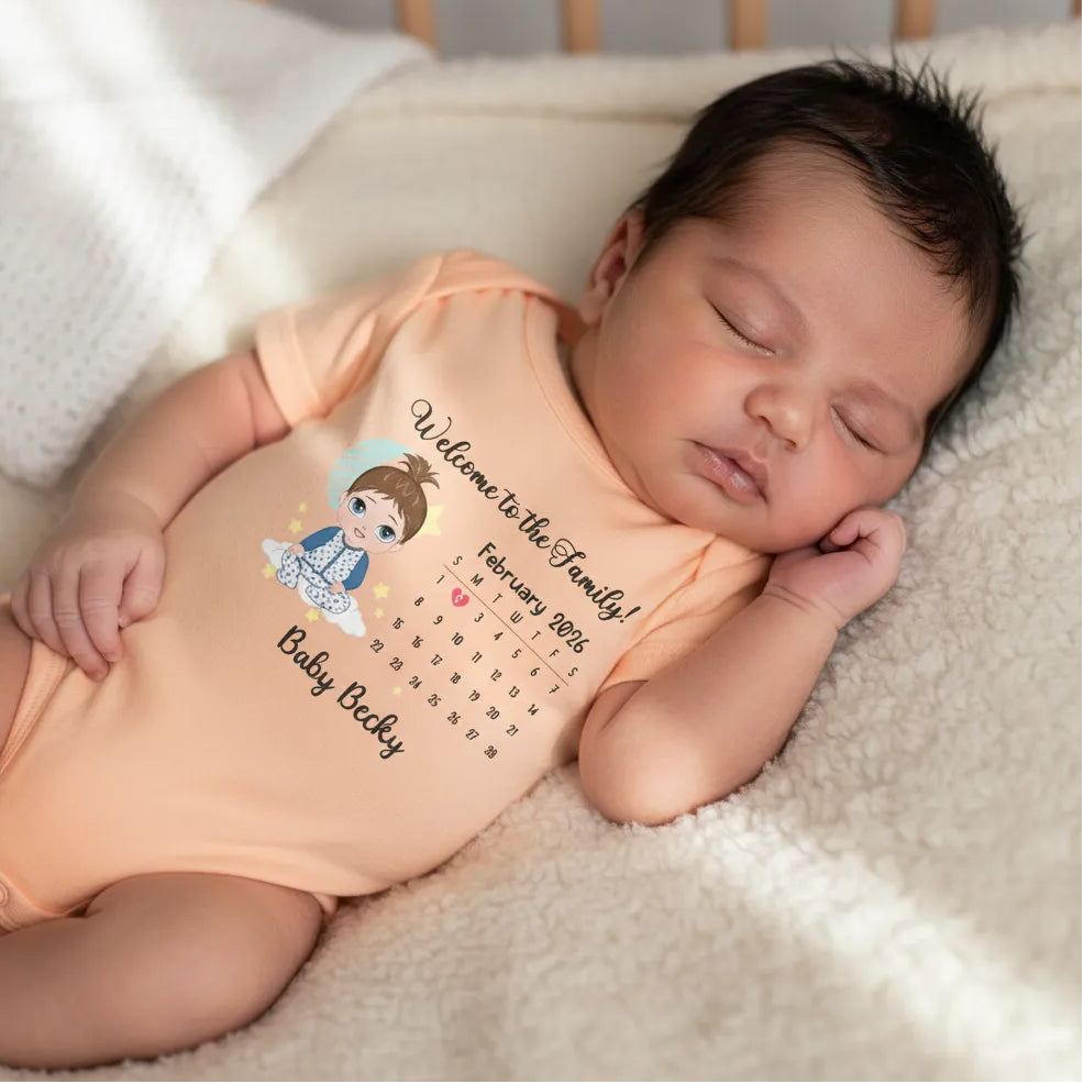 Newborn baby wearing a peach onesie Personalized Welcome To The Family baby bodysuit featuring custom baby character and birth date calendar, lying on a soft surface.