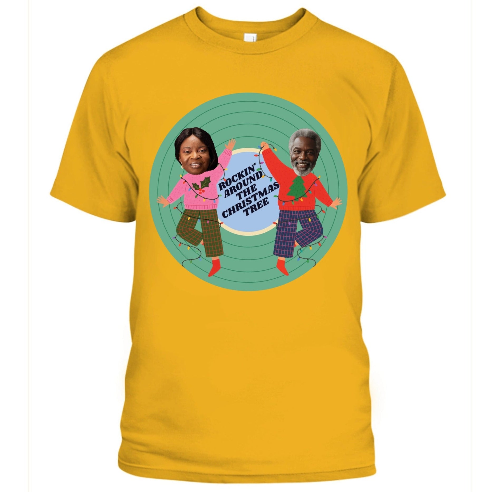Personalized Rocking Around The Christmas Tree T-shirt with two custom photo faces and names Yellow t-shirt with a graphic of two children dancing and text 'Rockin' Around the Christmas Tree' on a white background.