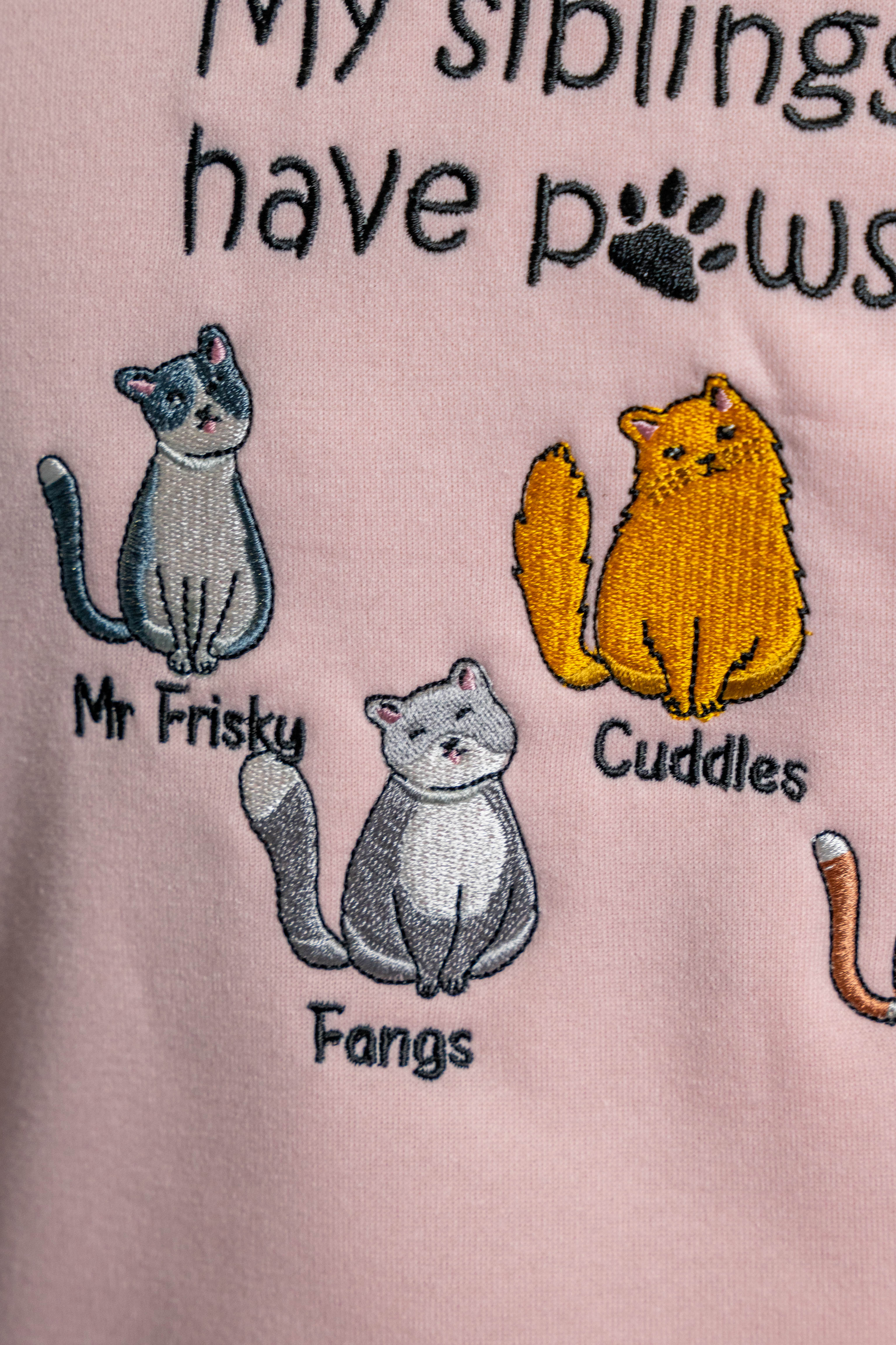 Custom Embroidered My Siblings Have Paws Cats Lightweight Classic Unisex Sweatshirt - Love Life Journey - Embroidery etailed close up 