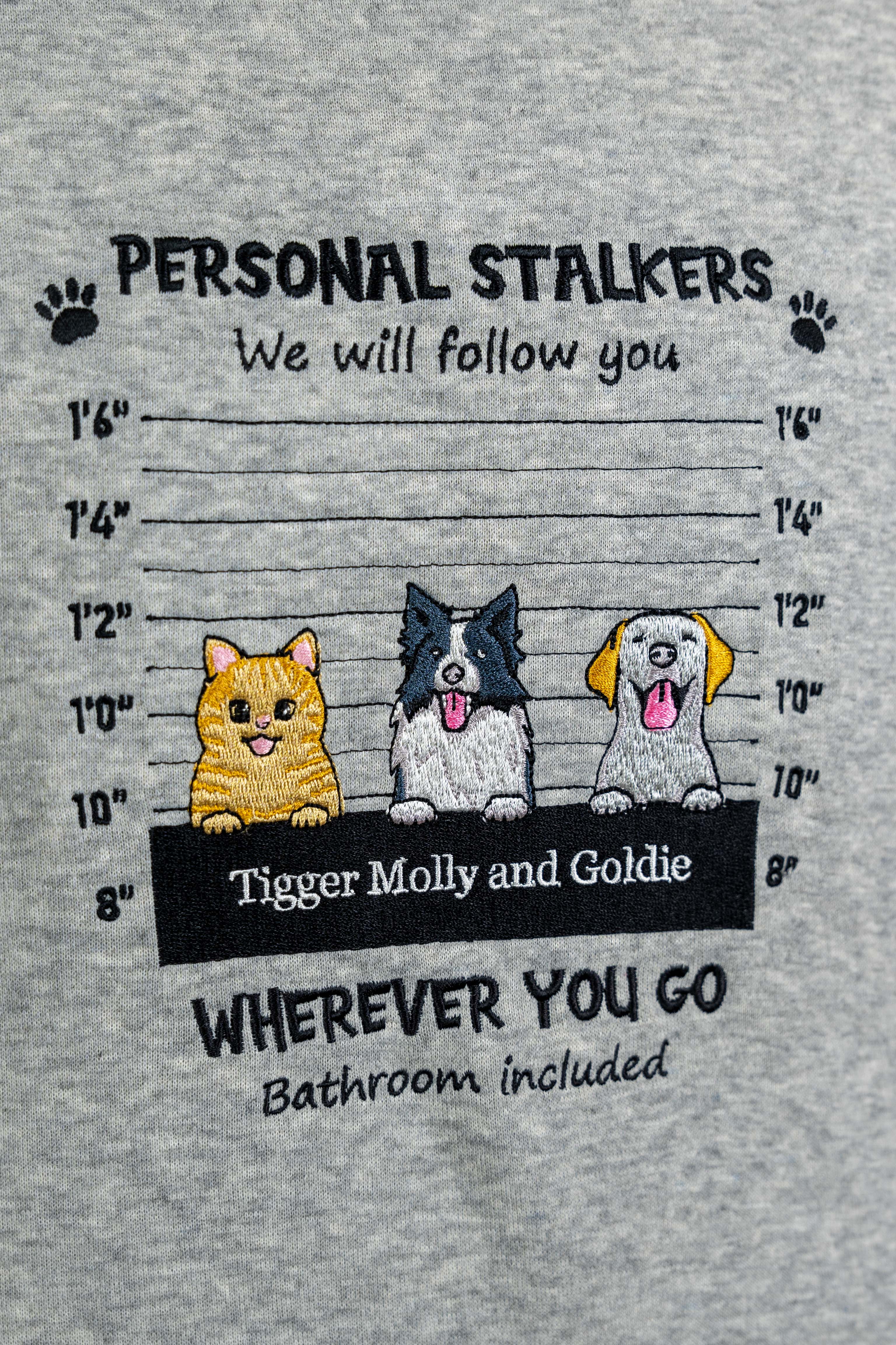 Custom Embroidered Personal Pet 'Stalkers' Unisex Sweatshirt – Pet Dogs & Cats Caricatures - embroidery detail