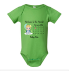 Custom newborn baby bodysuit with personalized birth date, arrival calendar, and family welcome message Apple Green baby onesie with baby milestone design on a white background