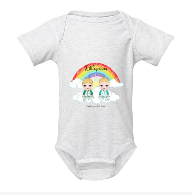 Personalized Little Princess or Little Prine baby bodysuit featuring custom baby character and magical fairytale artwork - Ash Grey Onesie