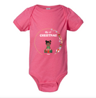 Custom baby's first Christmas outfit with personalized name and Christmas-themed artwork - Bright Pink Baby Onsie on white background 