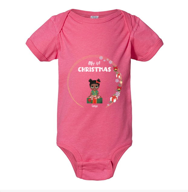 Custom baby's first Christmas outfit with personalized name and Christmas-themed artwork - Bright Pink Baby Onsie on white background 