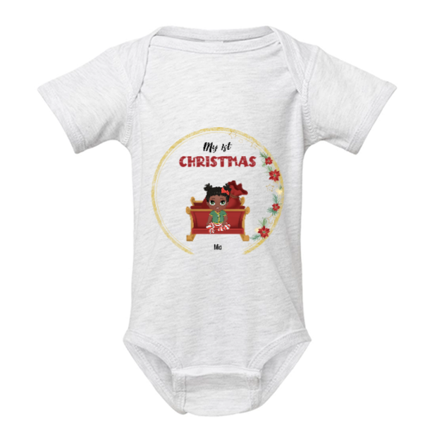 Custom baby's first Christmas outfit with personalized name and Christmas-themed artwork - Light Grey Baby Onsie on white background 