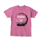 Custom Halloween youth shirt featuring personalized child character and spooky autumn artwork - Pink T-Shirt