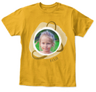 Custom youth T-shirt with personalized photo print and name Yellow t-shirt with a circular cutout featuring a custom child's photo on a white background.