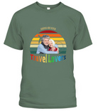 Personalized travel family T-shirt featuring custom photo, names, and vacation-themed artwork Green t-shirt with a graphic of two people and 'Travel Lovers' text on a white background