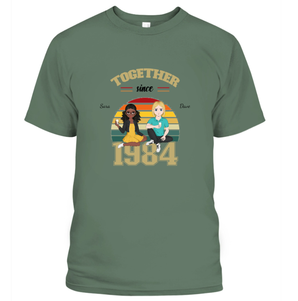 Personalized Together Since couple T-shirt featuring custom couple characters, names, and special year Green t-shirt with a graphic of two people and 'Together since 1984' text on a white background
