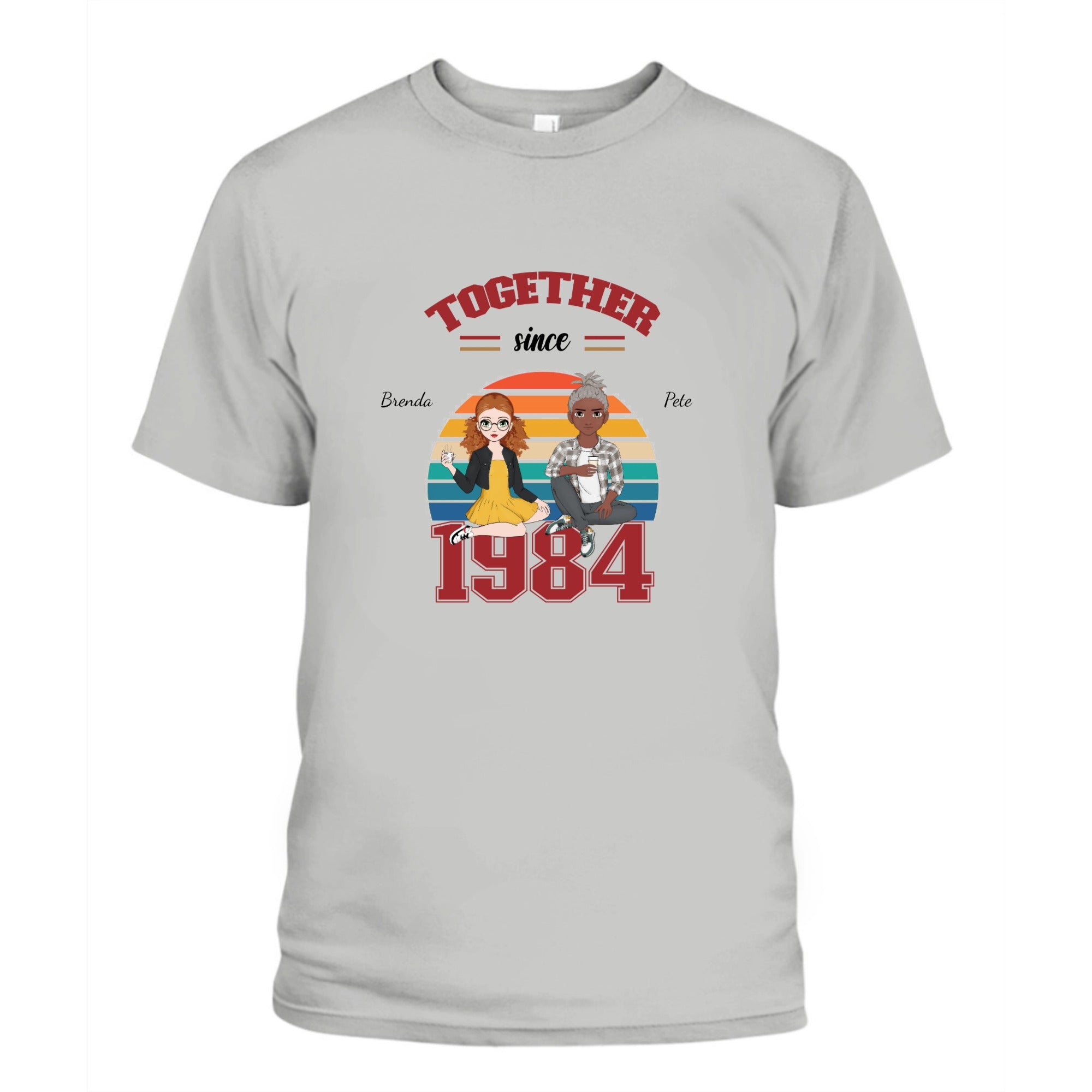 Custom anniversary T-shirt with personalized couple cartoon characters and relationship year Gray t-shirt with 'Together since 1984' design featuring two people and a sunset background.