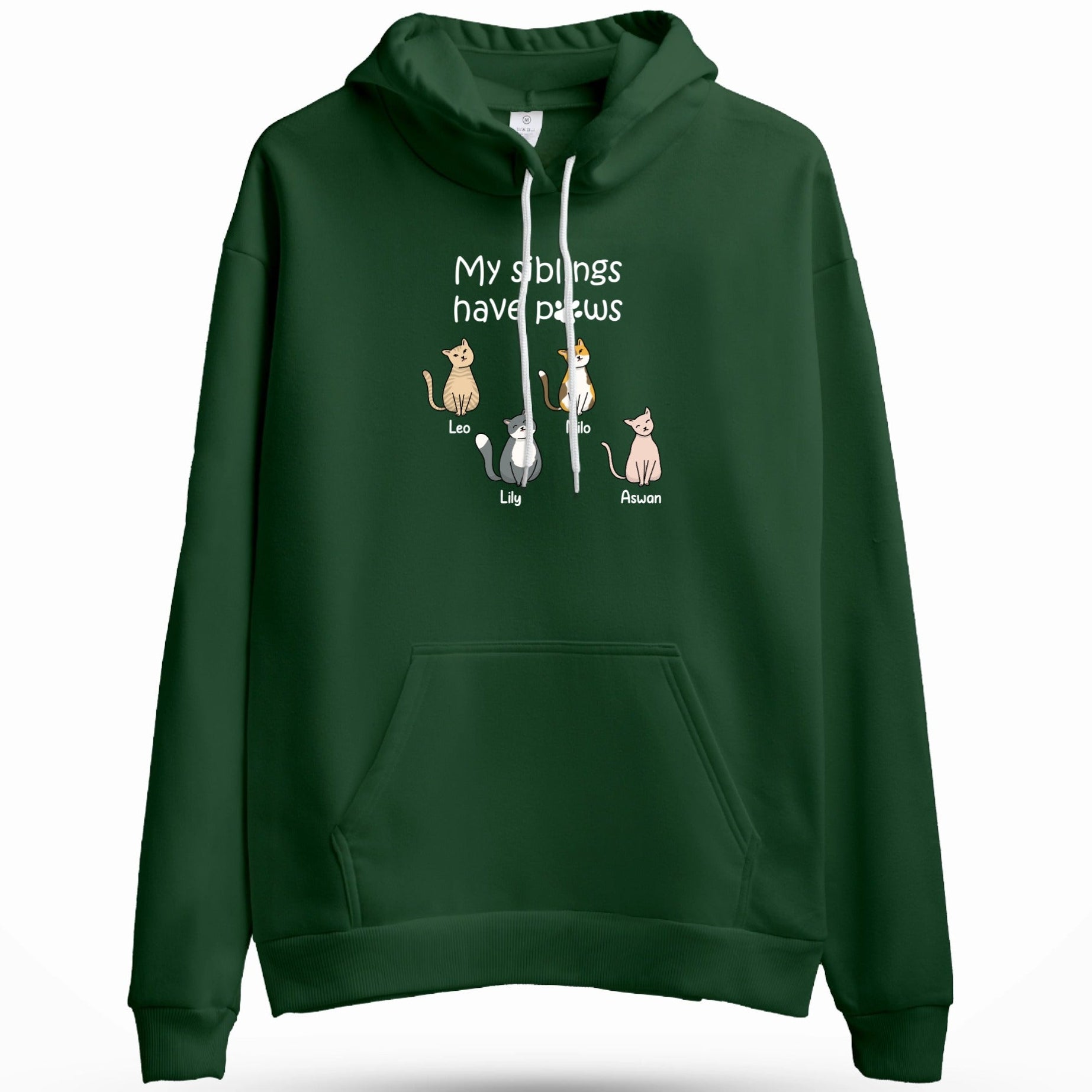 Custom My Siblings Have Paws Embroidered Adult Unisex Hoodie Pet Cats in Green on a white background