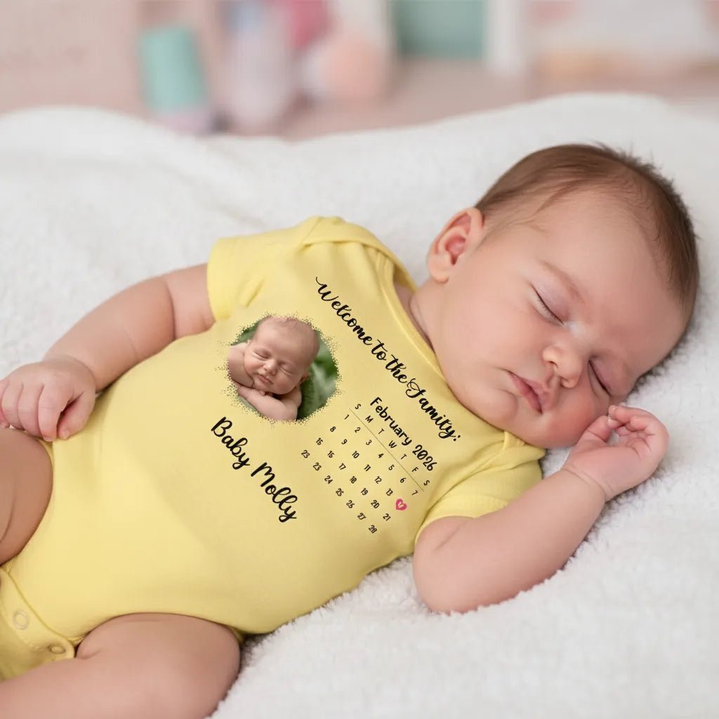 BABY BODYSUIT (Made in USA) Personalized with Baby Photo, Name & Birthdate Calendar - Love Life Journey