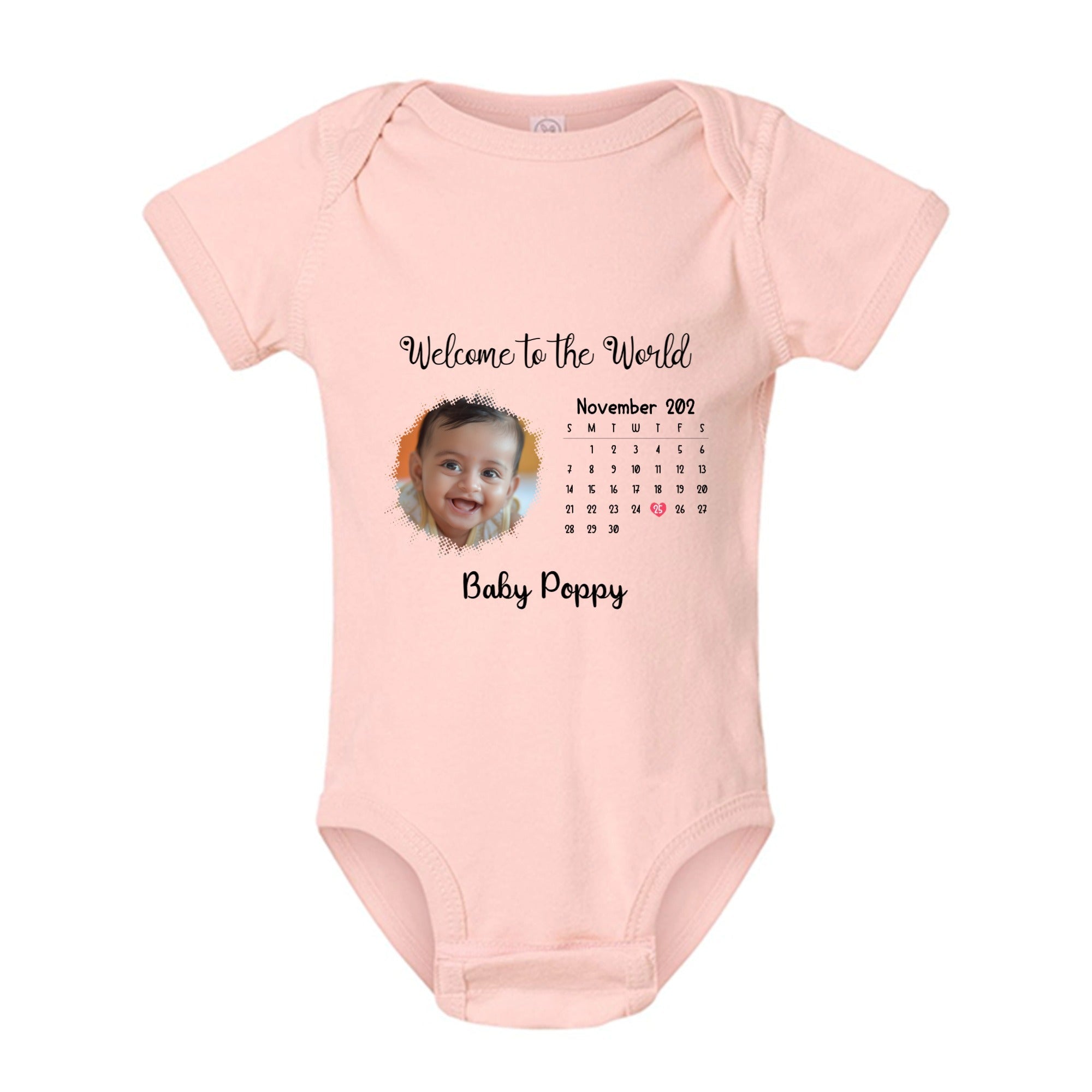 BABY BODYSUIT (Made in USA) Personalized with Baby Photo, Name & Birthdate Calendar - Love Life Journey