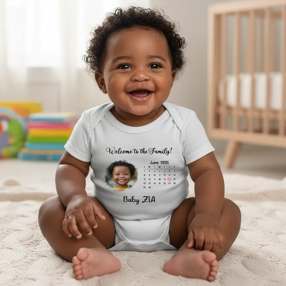 BABY BODYSUIT (Made in USA) Personalized with Baby Photo, Name & Birthdate Calendar - Love Life Journey
