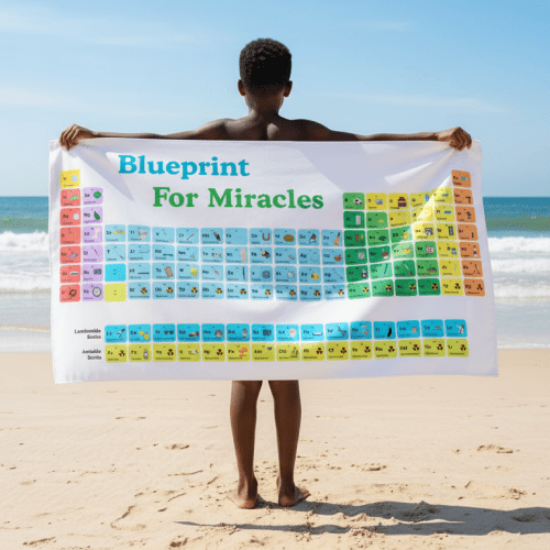 BEACH TOWEL Blueprint for Miracles – Full Periodic Table Design | Educational & Inspiring Science Gift - Love Life Journey