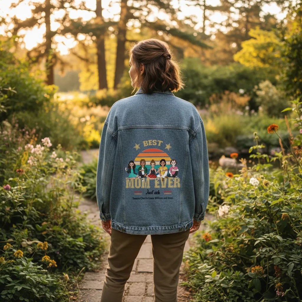 Best Mom Ever Oversized Denim Jacket – Personalized Women’s DTG Jean Jacket | Custom Family Character Gift - Love Life Journey
