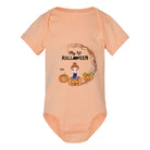 Personalized Baby's First Halloween bodysuit with custom baby character, name, and Halloween scene Peach baby onesie with Halloween design and text on a white background