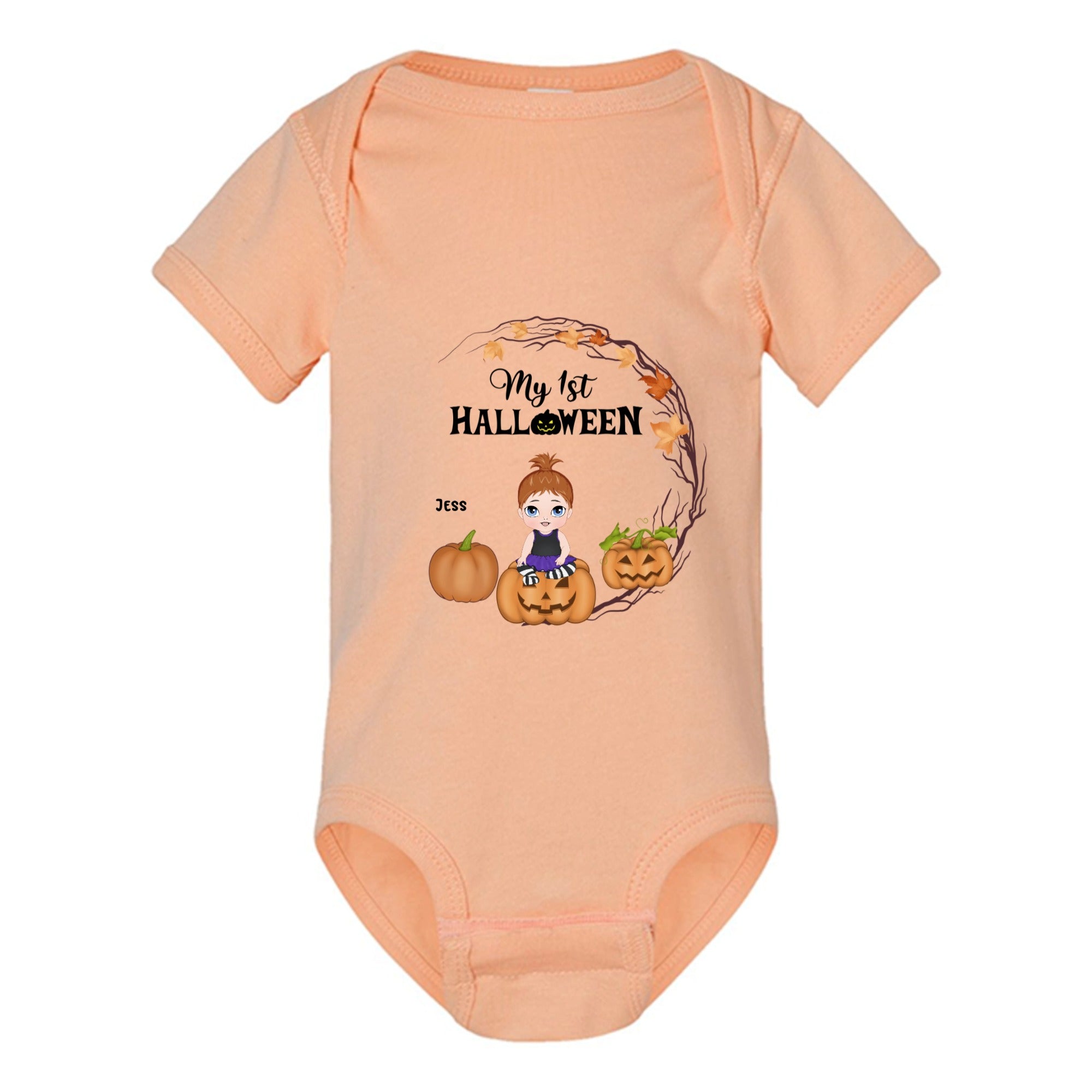 Personalized Baby's First Halloween bodysuit with custom baby character, name, and Halloween scene Peach baby onesie with Halloween design and text on a white background
