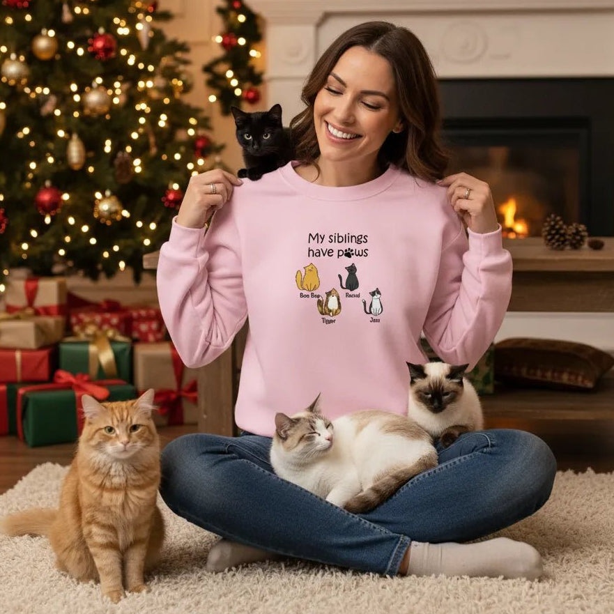 Custom Embroidered My Siblings Have Paws Lightweight Classic Unisex Sweatshirt - Love Life Journey -  Personalised Gifts - in Light Pink - Up To 4 Custom Cats - Christmas Sceen Lady with 3 pet cats 