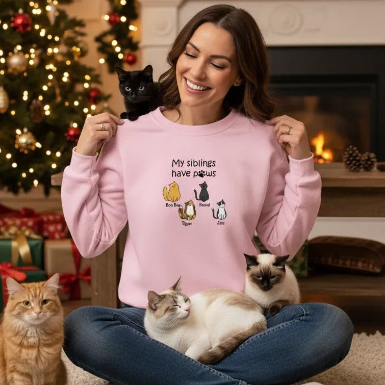 Custom Embroidered My Siblings Have Paws Lightweight Classic Unisex Sweatshirt - Love Life Journey -  Personalised Gifts - in Light Pink - Up To 4 Custom Cats - Christmas Sceen Lady with 3 pet cats 
