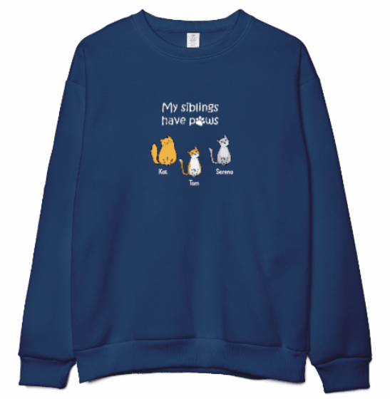 Custom Embroidered My Siblings Have Paws Lightweight Classic Unisex Sweatshirt - Love Life Journey -  Personalised Gifts - in Navy - Up To 4 Custom Cats 