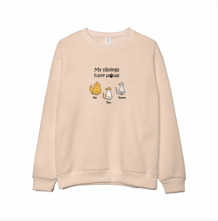 Custom Embroidered My Siblings Have Paws Lightweight Classic Unisex Sweatshirt - Love Life Journey -  Personalised Gifts - in Sand /Natural Colour - Up To 4 Custom Cats 