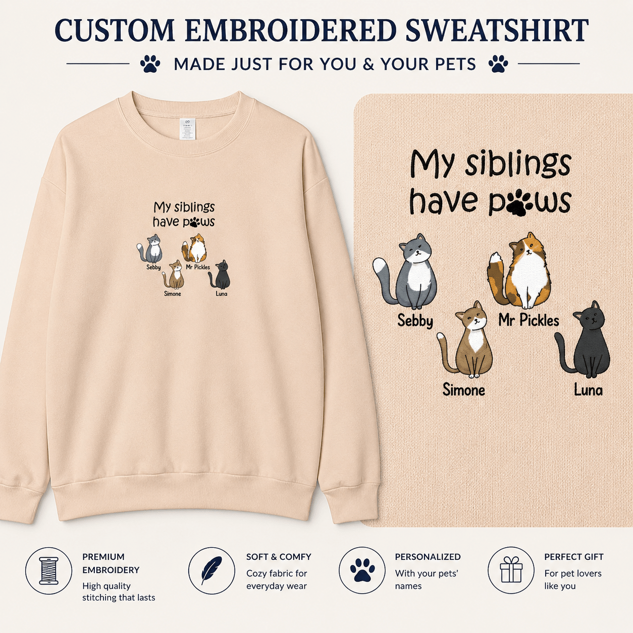 Custom Embroidered My Siblings Have Paws Unisex Adult Sweatshirt Pet Cats - Love Life Journey