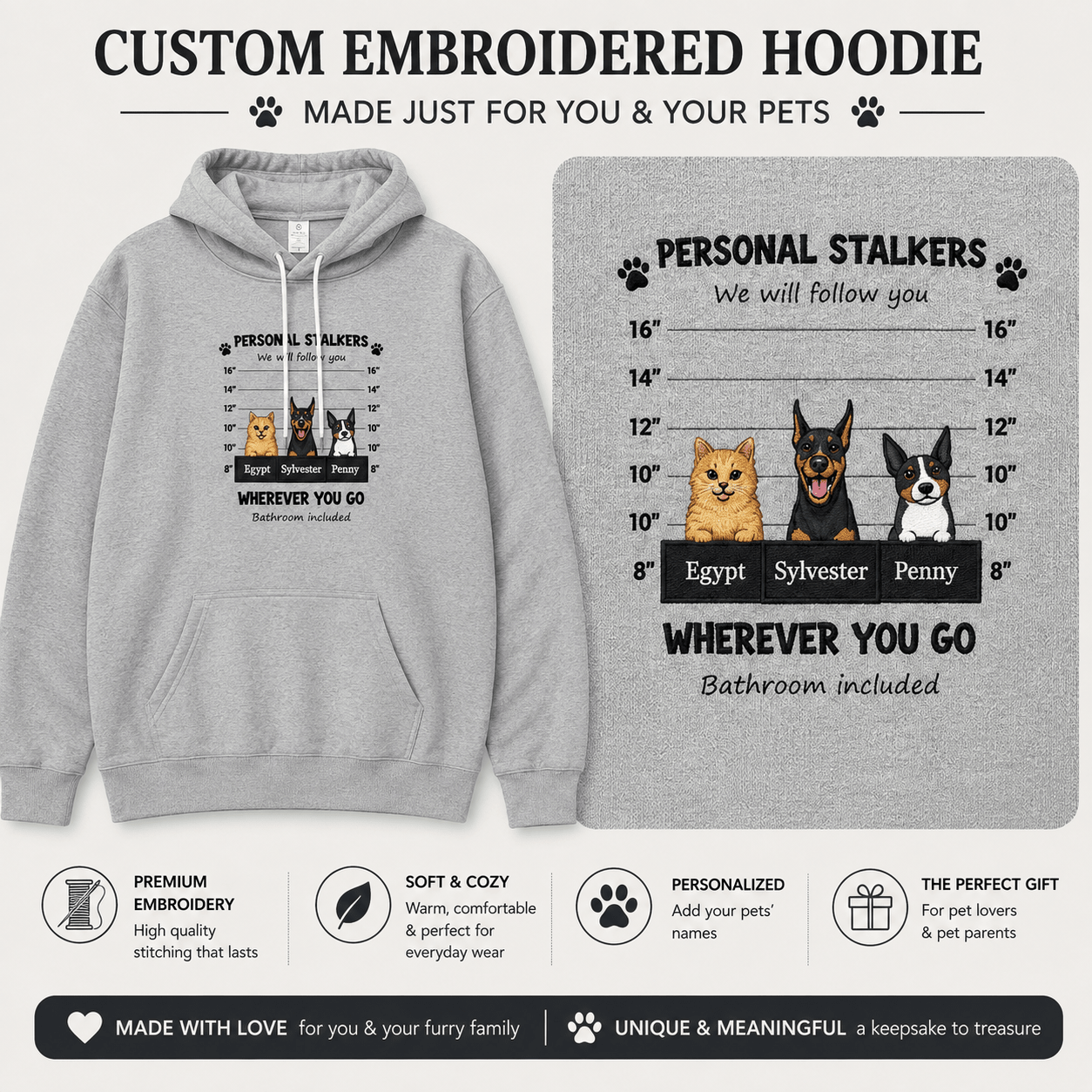 Custom Embroidered Personal Pet 'Stalkers' Adult Unisex Hoodie Pet Dogs & Cats Caricatures - Love Life Journey