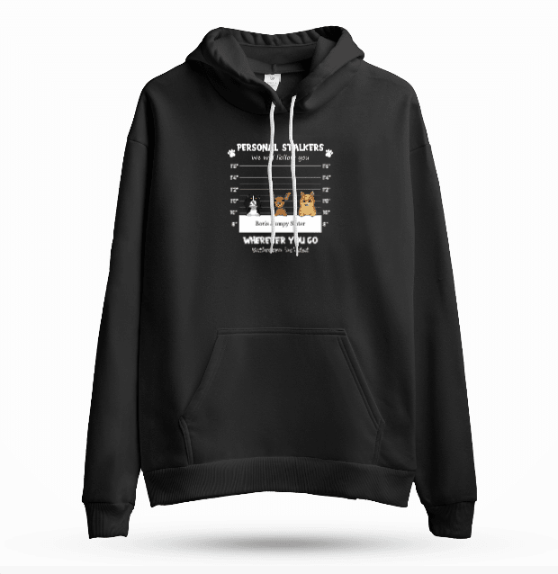 Custom Embroidered Personal Pet 'Stalkers' Unisex Hoodie in Black with White text – Pet Dogs & Cats Caricatures - Love Life Journey
