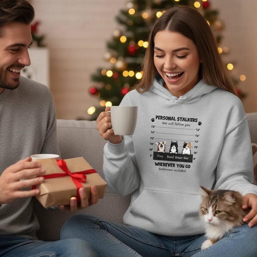 Custom Embroidered Personal Pet 'Stalkers' Unisex Hoodie in Grey Colour – Pet Dogs & Cats Caricatures - Love Life Journey
