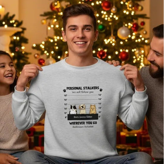 Custom Embroidered Personal Pet 'Stalkers' Unisex Sweatshirt – Pet Dogs & Cats Caricatures - Love Life Journey - in Grey - Christmas gifting scene 